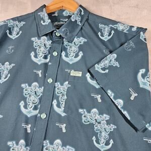 Retro Rifle Shirt Mens Medium Teal Glocktopus Hawaiian Naval Anchor Stretch Camp